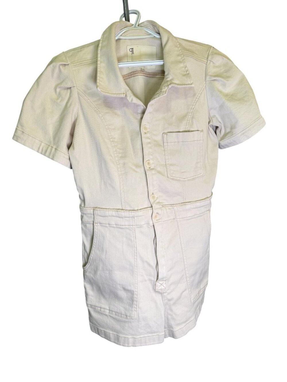 Pilcro Womens Beige Short-Sleeve Button-Front Romper US 12 Cotton Blend EUC